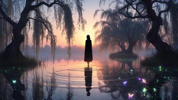 Person Standing in Calm Lake with Sunset and Willow Trees photo