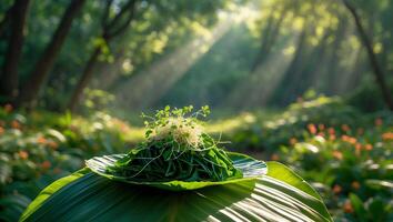 Fresh Sprouts and Greens on Large Leaf in Forest Sunlight photo