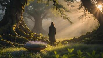 Woman Standing in Foggy Forest with Sun Rays and Giant Trees photo