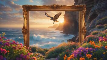 Eagle Flying Over Ocean Framed by Flowers and Cliffs at Sunset photo