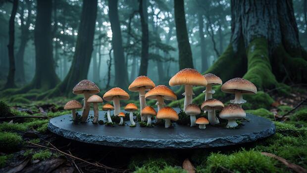 Mushroom Group Displayed on Slate Slab in Mysterious Forest Setting photo