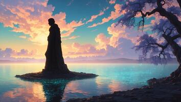 Silhouette Standing on Island in Tranquil Lake at Sunset with Trees photo
