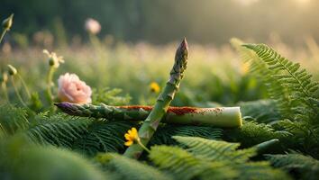 Asparagus Spears Resting on Fern Fronds in a Sunny Garden photo