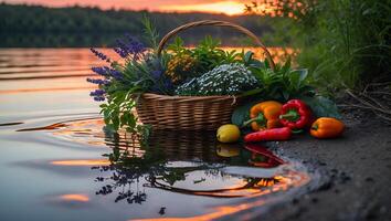 Basket with Flowers and Vegetables on Lake Shore at Sunset photo