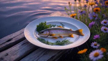 Cooked Fish Served on Plate by Lake at Golden Hour photo