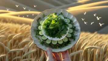 Hand Holding Plate of Fresh Green Salad in Wheat Field photo