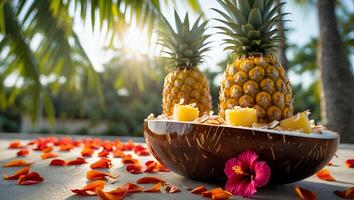 Pineapple Display in Coconut Bowl with Flower and Petals Decor photo