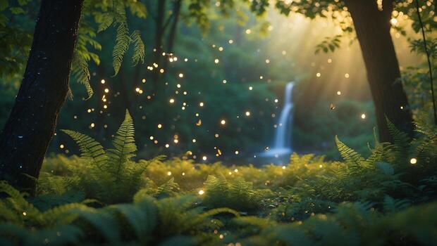 Enchanted Forest with Fireflies Glowing Near Waterfall and Ferns photo
