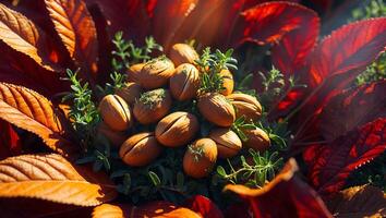 Pile of Shelled Seeds Amongst Greenery and Autumnal Red Leaves photo