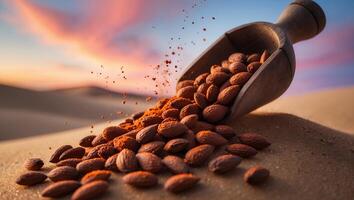 Almonds Spilling From Wooden Scoop on Sand with Colorful Sky photo