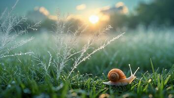 Snail Crawling Through Dew Covered Grass at Sunrise photo