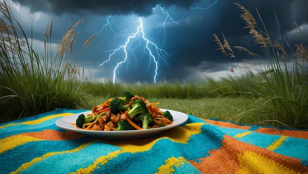 Plate of Stir-fry on Picnic Blanket with Stormy Lightning Background photo