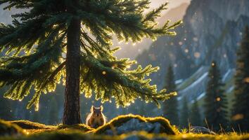 Squirrel Sits Under Pine Tree with Sunlight in Mountain Landscape photo