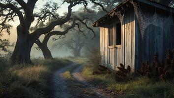 Country Road Leading to Wooden Shed with Cobwebs in Fog photo