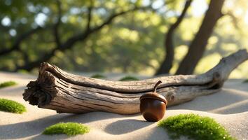 Acorn and Log Resting on Sand with Moss and Trees Backdrop photo