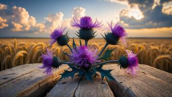 Purple Thistle Flowers on Wood with Wheat Field at Sunset photo