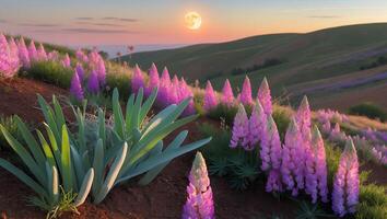 Lupine Flowers Blooming on Hills at Sunset with Moon Rising photo