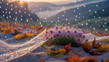 Purple Flowers with Dew Drops and Autumn Leaves Landscape Scene photo