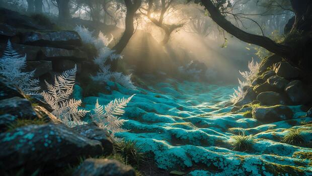 Sunlight Through Fog in Lush Forest Path with Ferns photo
