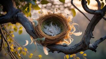 Bird Nest with White Feathers Resting on Tree Branch Outside photo