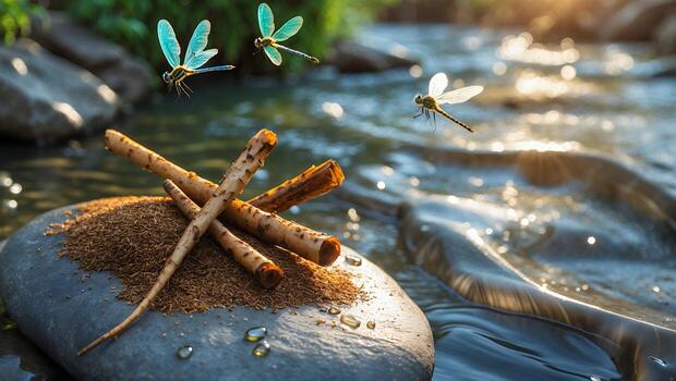 Dragonflies Hovering Near Rock in Stream with Sticks and Grains photo