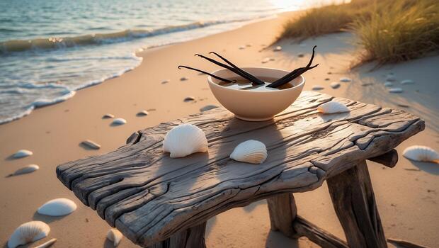 Vanilla Infusion at Beach with Seashells on Rustic Wooden Stool photo