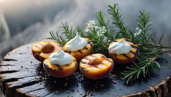Grilled Peach Halves with Cream and Rosemary on Wooden Board photo