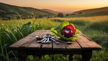 Preparing Chicory Salad Outdoors on Rustic Table at Sunset photo