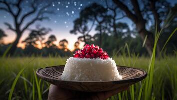Serving Rice with Pomegranate Seeds on a Plate in Nature at Night photo
