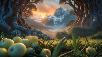 Apples in Mountain Valley Meadow at Sunset with Snowy Peaks View photo