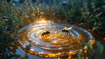 Bees Gathering on Golden Liquid Surface in a Natural Setting photo