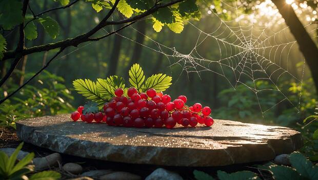 Red Currants on Stone Slab with Spiderweb in Misty Forest photo