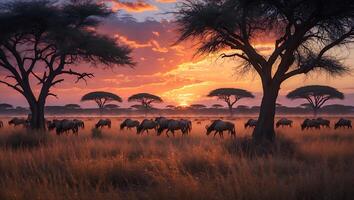 Wildebeest Grazing at Sunset on the African Savanna with Acacia Trees photo