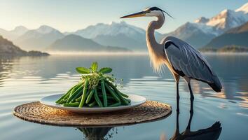 Heron Standing Near Plate of Green Beans by Calm Lake photo