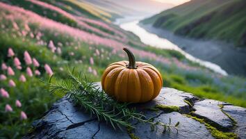 Pumpkin and Rosemary on Rock with Wildflower Landscape Background photo