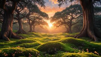 Sunrise Illuminates Forest Meadow with Old Trees and Gentle Hills photo