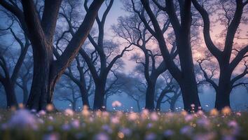 Enchanting Forest Glade with Wildflowers and Bare Trees in Soft Light photo