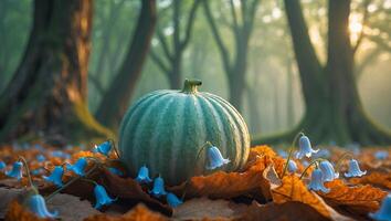 Pumpkin in Forest Setting with Autumn Leaves and Blue Flowers photo