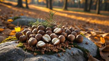 Gathered Nuts and Autumn Leaves in Peaceful Outdoor Forest Scene photo