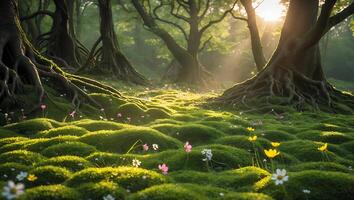 Sunlit Woodland Meadow with Wildflowers and Moss-covered Ground photo