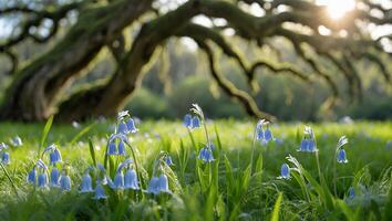 Bluebells Blooming Underneath Large Sprawling Tree on a Sunny Day photo