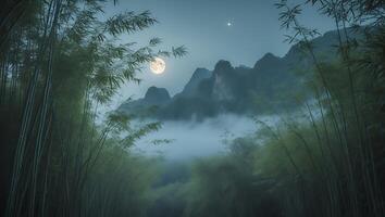 Full Moon Over Fog Shrouded Mountains Through a Bamboo Forest photo