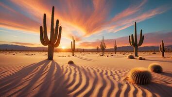 Cactus Landscape with Sand Dunes and Beautiful Sunset Sky Scenery photo