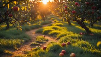 Walking Path Through Apple Orchard at Sunset with Golden Light photo