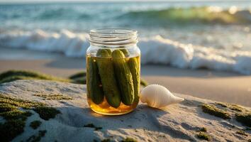 Pickle Jar Sitting Near Seashell on Sandy Beach with Ocean Waves photo