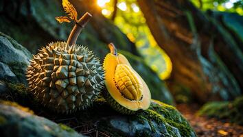Examining Durian Fruit Cut Open with Interesting Exterior Texture photo