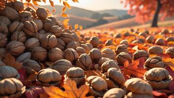 Walnuts Scattered on Ground Among Autumn Leaves in Outdoor Setting photo