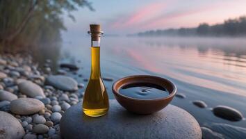 Oil and Liquid in Bowl at Peaceful Lakeside at Dusk photo