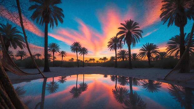 Palm Tree Reflections at Sunset on a Tranquil Sandy Beach photo
