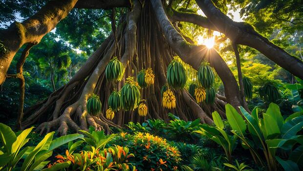 Exploring Lush Jungle with a Massive Tree at Sunrise Radiating Light photo